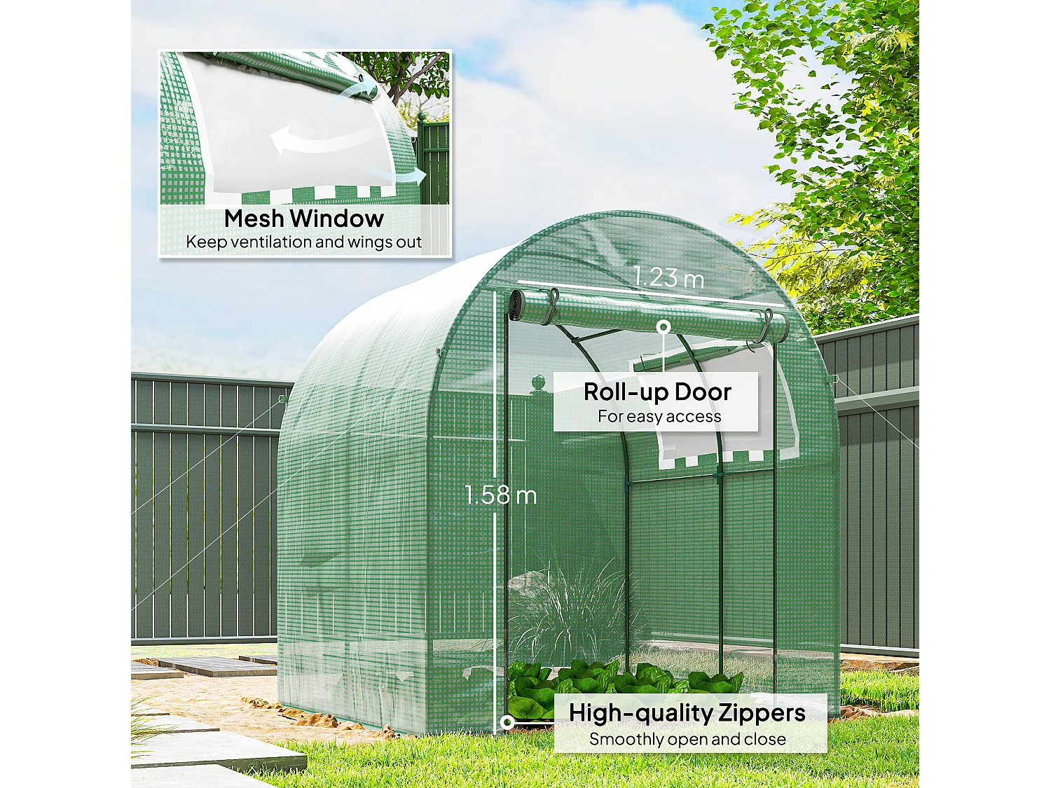 Outsunny Walk in Polytunnel Greenhouse with Roll-up Window and Door, Green