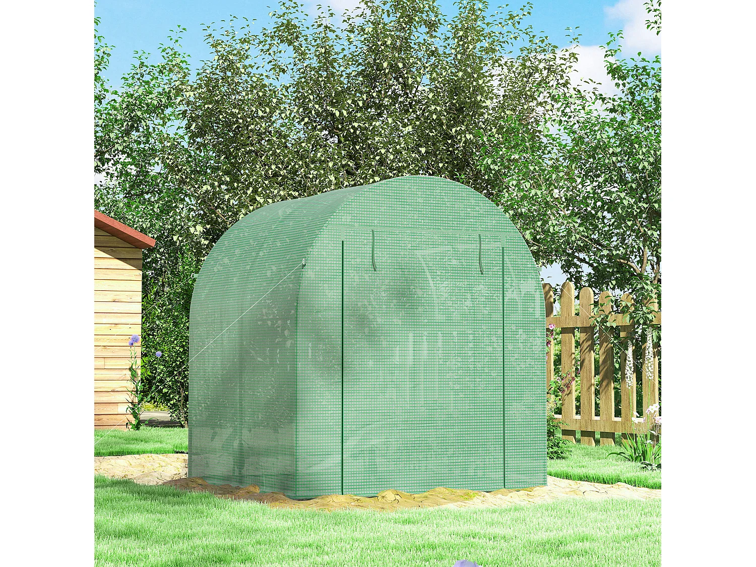 Outsunny Walk in Polytunnel Greenhouse with Roll-up Window and Door, Green