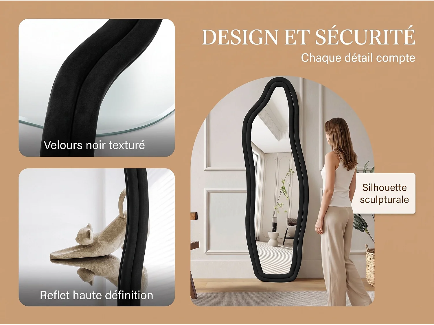 Miroir irrégulier 140×45 cm avec cadre en velours Noir – Design moderne, verre trempé HD