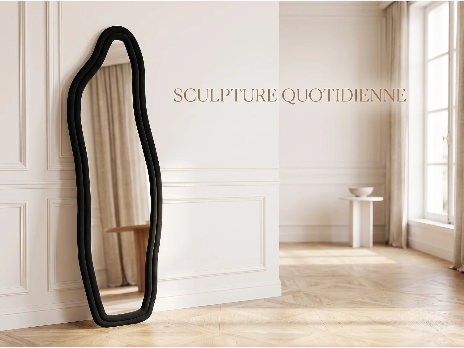 Miroir irrégulier 140×45 cm avec cadre en velours Noir – Design moderne, verre trempé HD