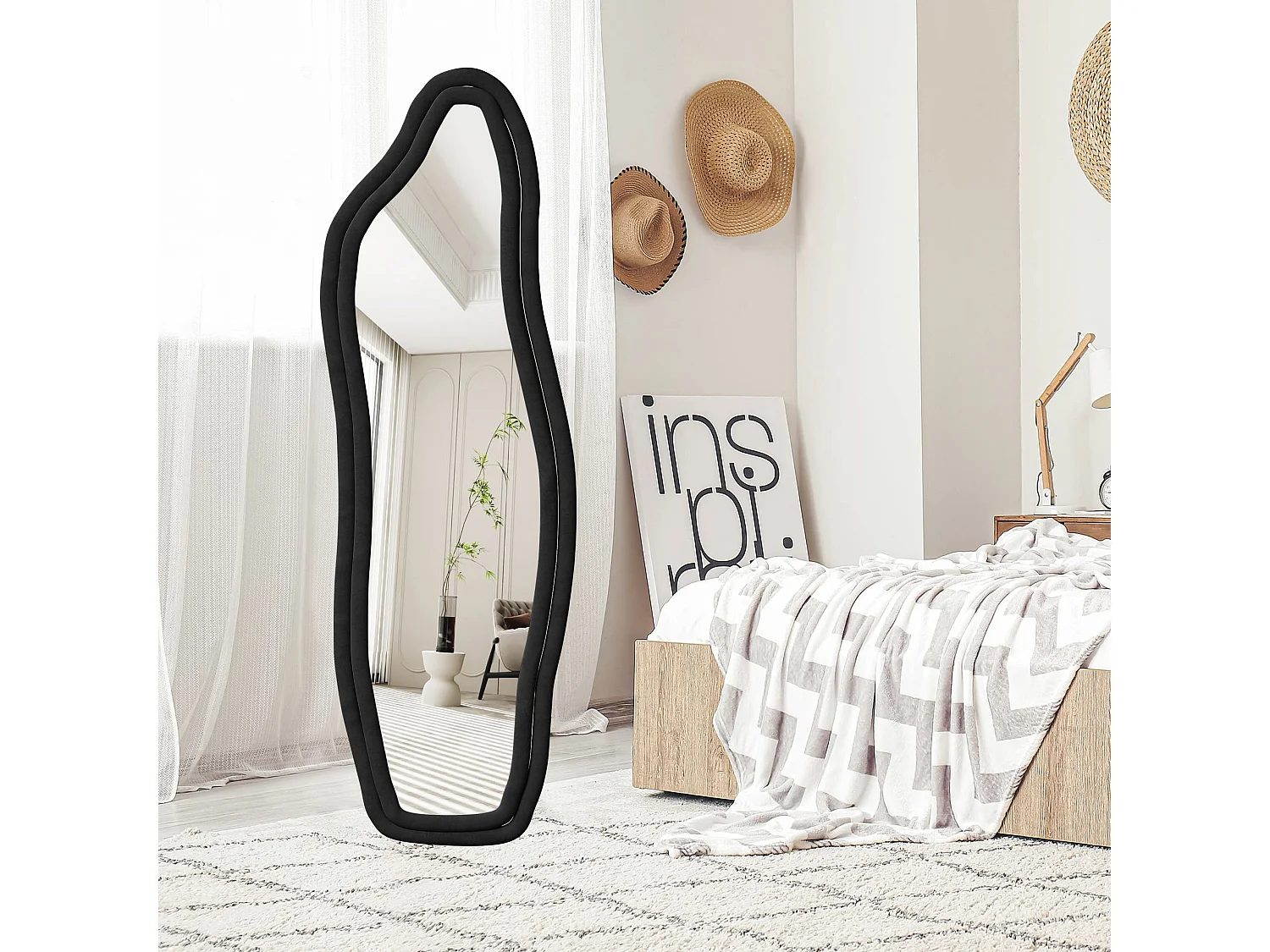 Miroir irrégulier 140×45 cm avec cadre en velours Noir – Design moderne, verre trempé HD