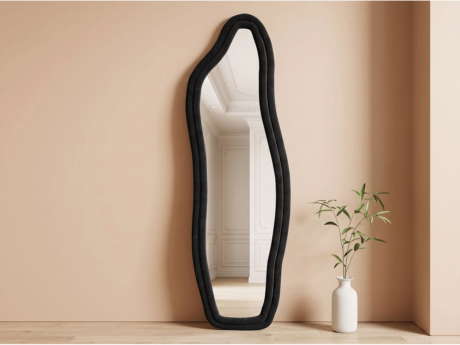 Miroir irrégulier 140×45 cm avec cadre en velours Noir – Design moderne, verre trempé HD