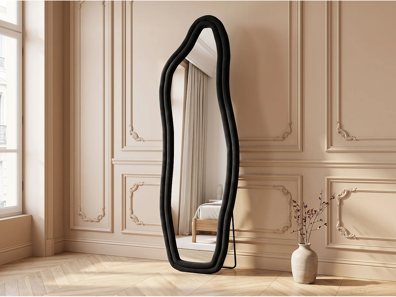 Miroir irrégulier 140×45 cm avec cadre en velours Noir – Design moderne, verre trempé HD
