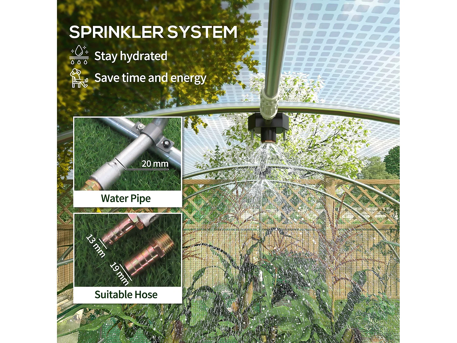 Outsunny Polytunnel Green House with Sprinkler System, Wide Door, 4 x 3(m)