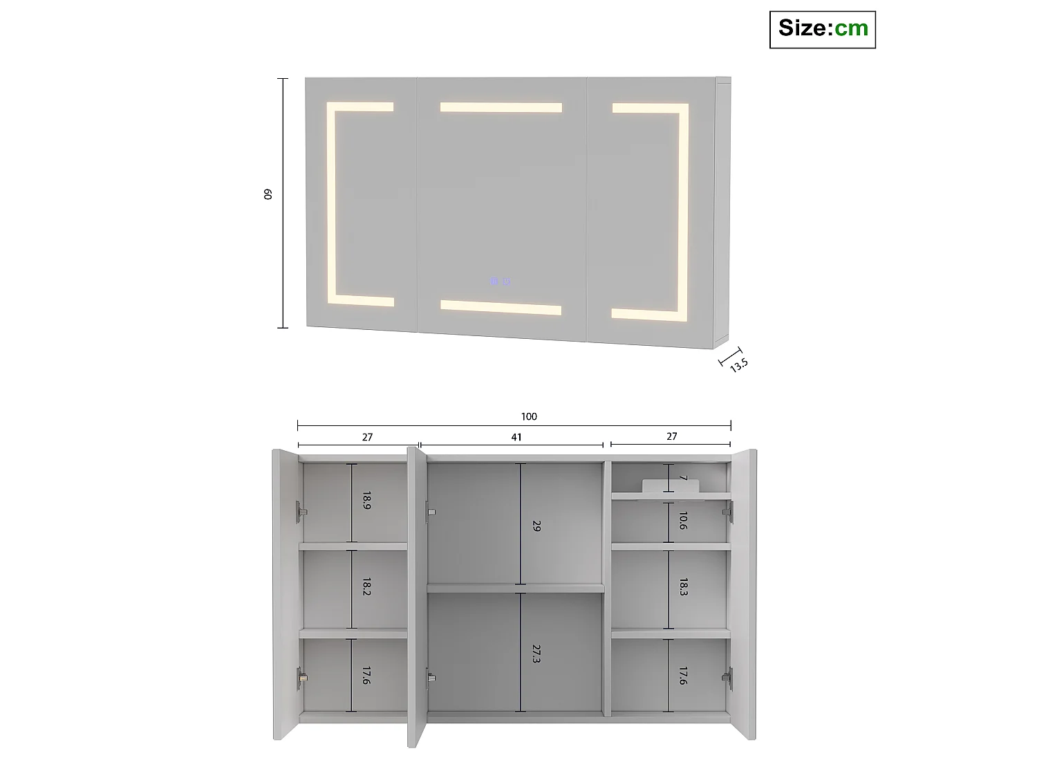 Miroir de toilette murale 3 portes avec miroir LED 3 couleurs et anti-buée, étagères réglables-buée avec étagère intégrée- 60 x 100 cm
