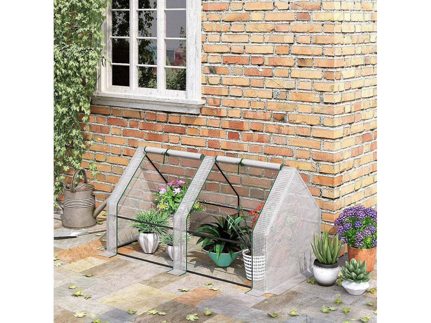 Outsunny Mini Small Greenhouse with Steel Frame & PE Cover & Window, White