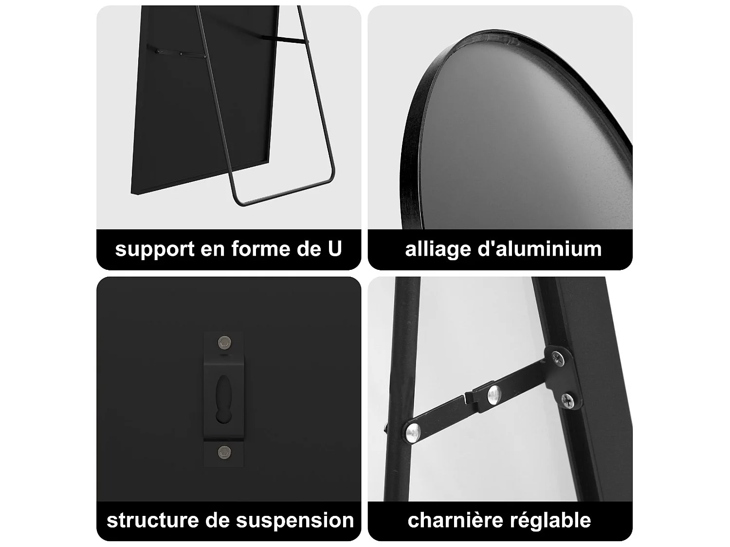 Miroir sur pied incurvé noir 177 x 77  cm - cadre noir- verre trempé - grand miroir plein pied