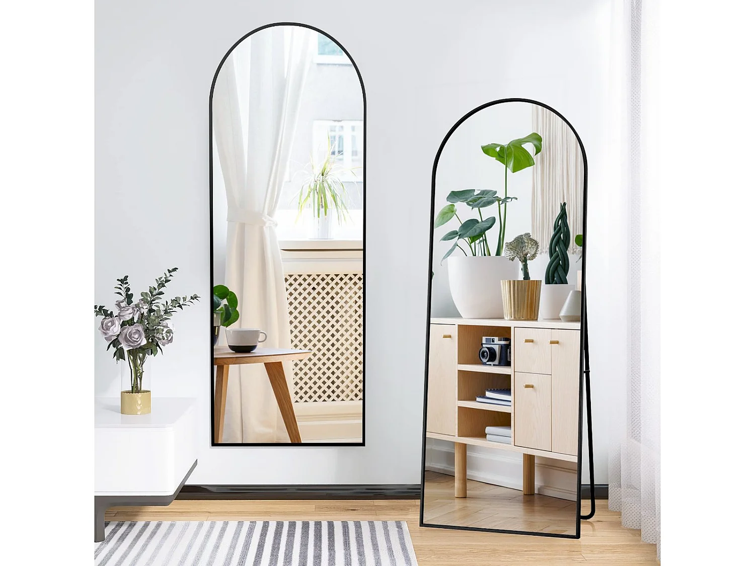 Miroir sur pied incurvé noir 177 x 77  cm - cadre noir- verre trempé - grand miroir plein pied