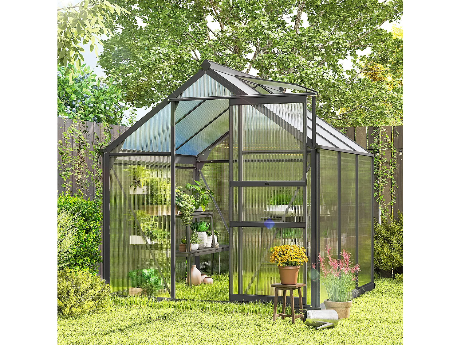 Outsunny 6x6ft Walk-In Polycarbonate Greenhouse Plant Grow Galvanized Aluminium