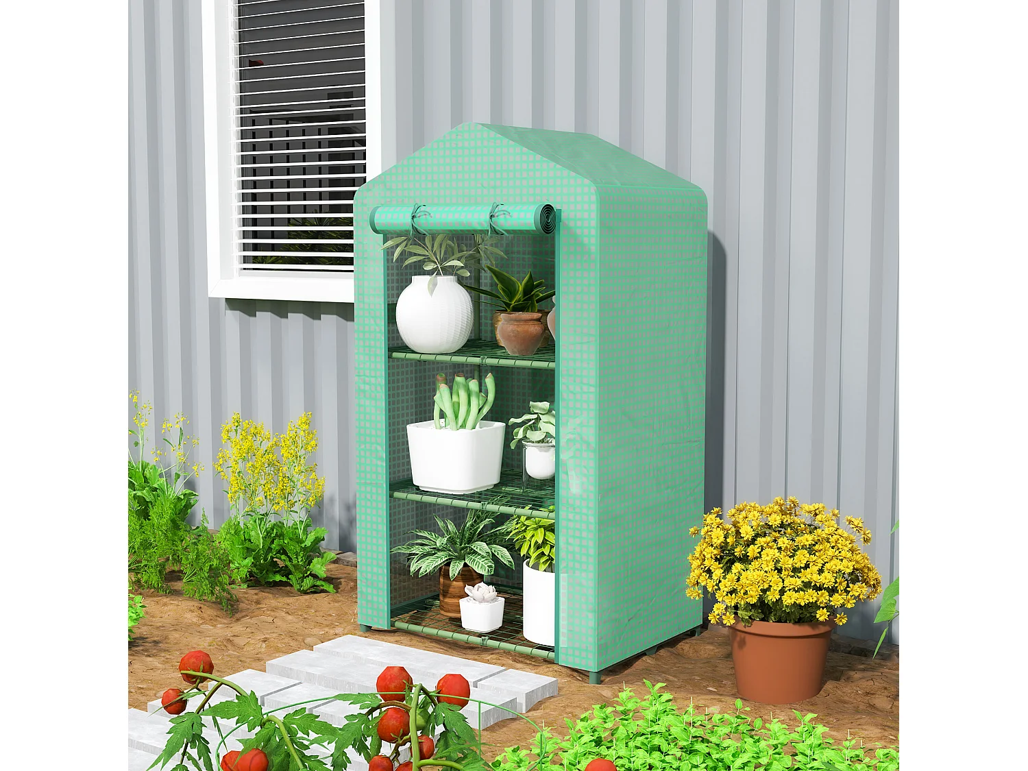 Outsunny 3 Tier Mini Greenhouse Grow House w/ Roll Up Door, Green