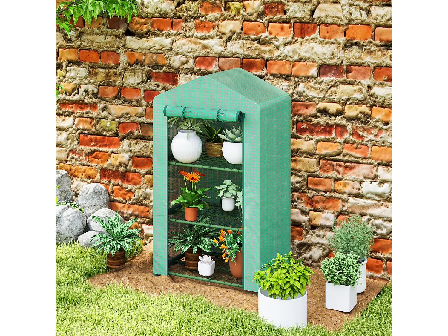 Outsunny 3 Tier Mini Greenhouse Grow House w/ Roll Up Door, Green