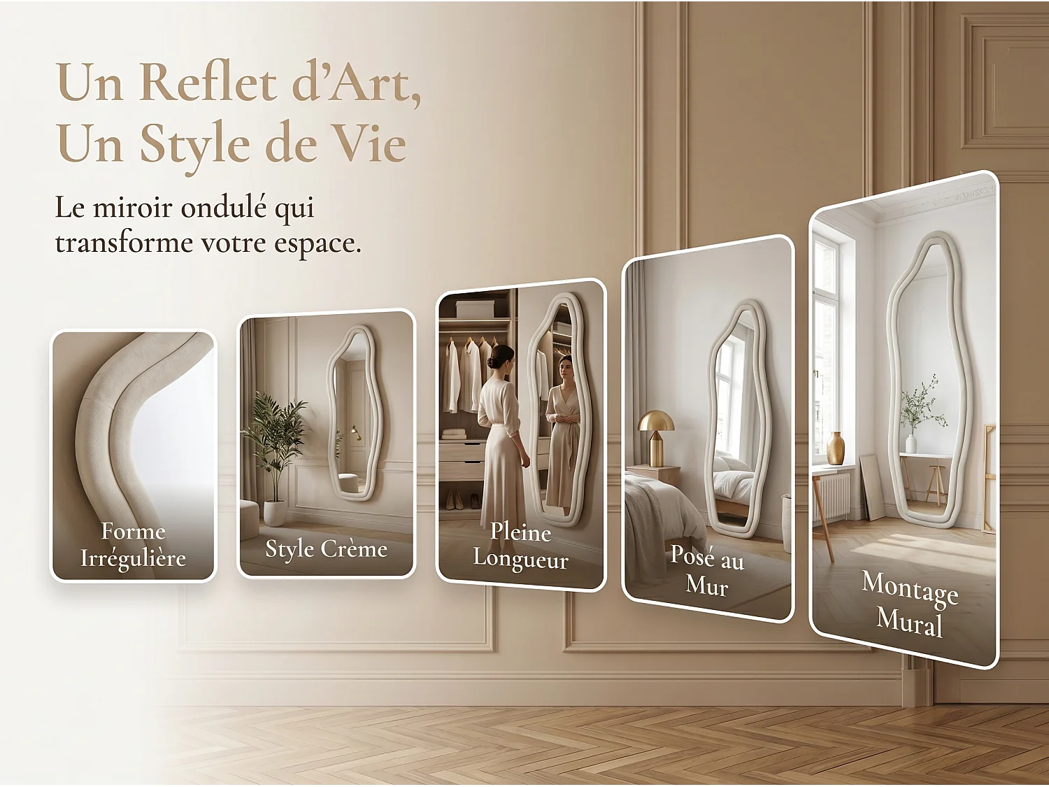 Miroir irrégulier 140×45 cm avec cadre en velours Blanc – Design moderne, verre trempé HD