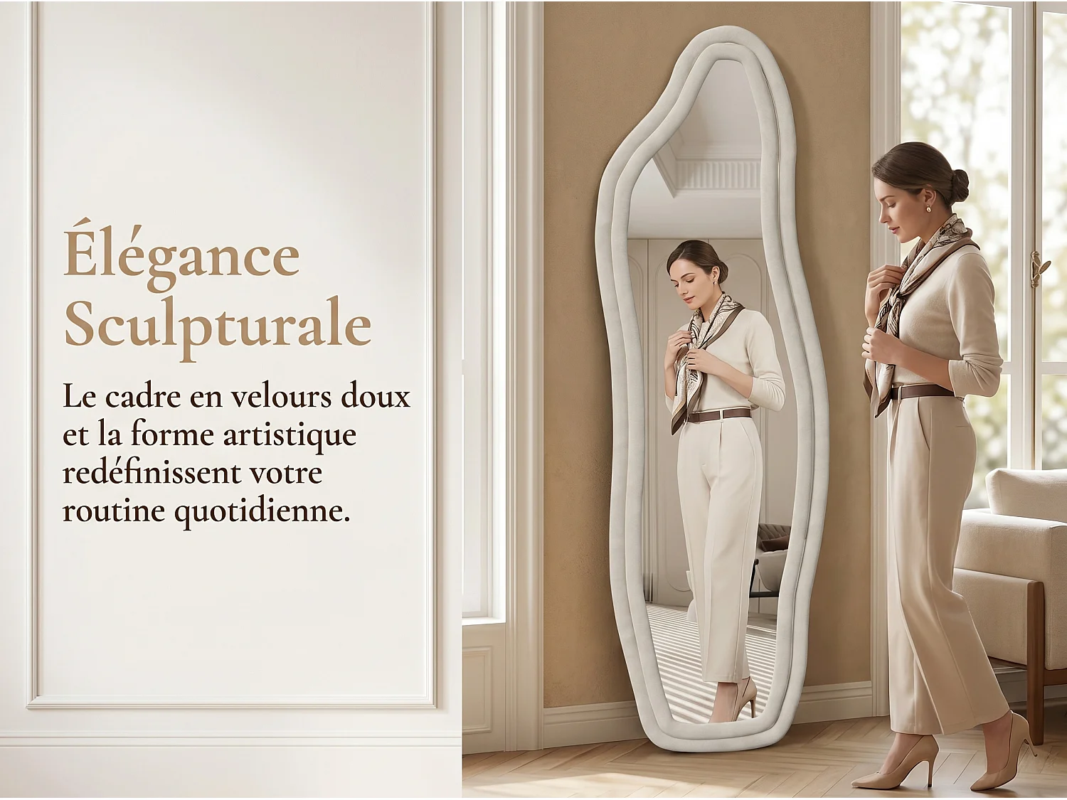 Miroir irrégulier 140×45 cm avec cadre en velours Blanc – Design moderne, verre trempé HD