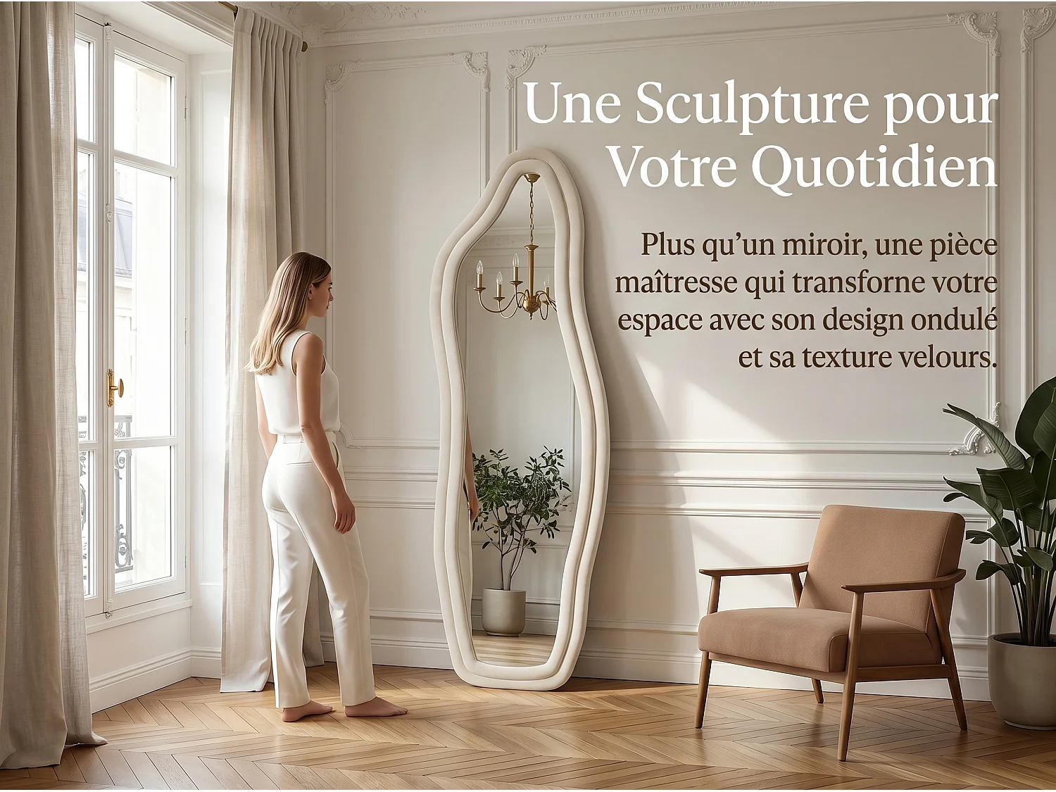 Miroir irrégulier 140×45 cm avec cadre en velours Blanc – Design moderne, verre trempé HD