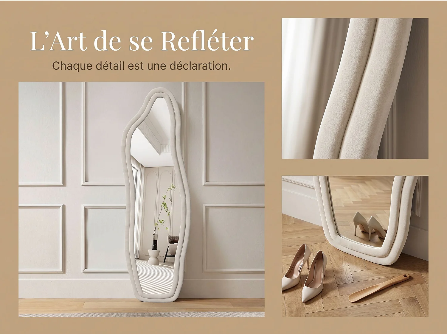 Miroir irrégulier 140×45 cm avec cadre en velours Blanc – Design moderne, verre trempé HD