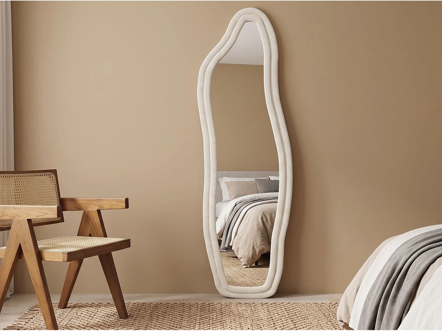Miroir irrégulier 140×45 cm avec cadre en velours Blanc – Design moderne, verre trempé HD