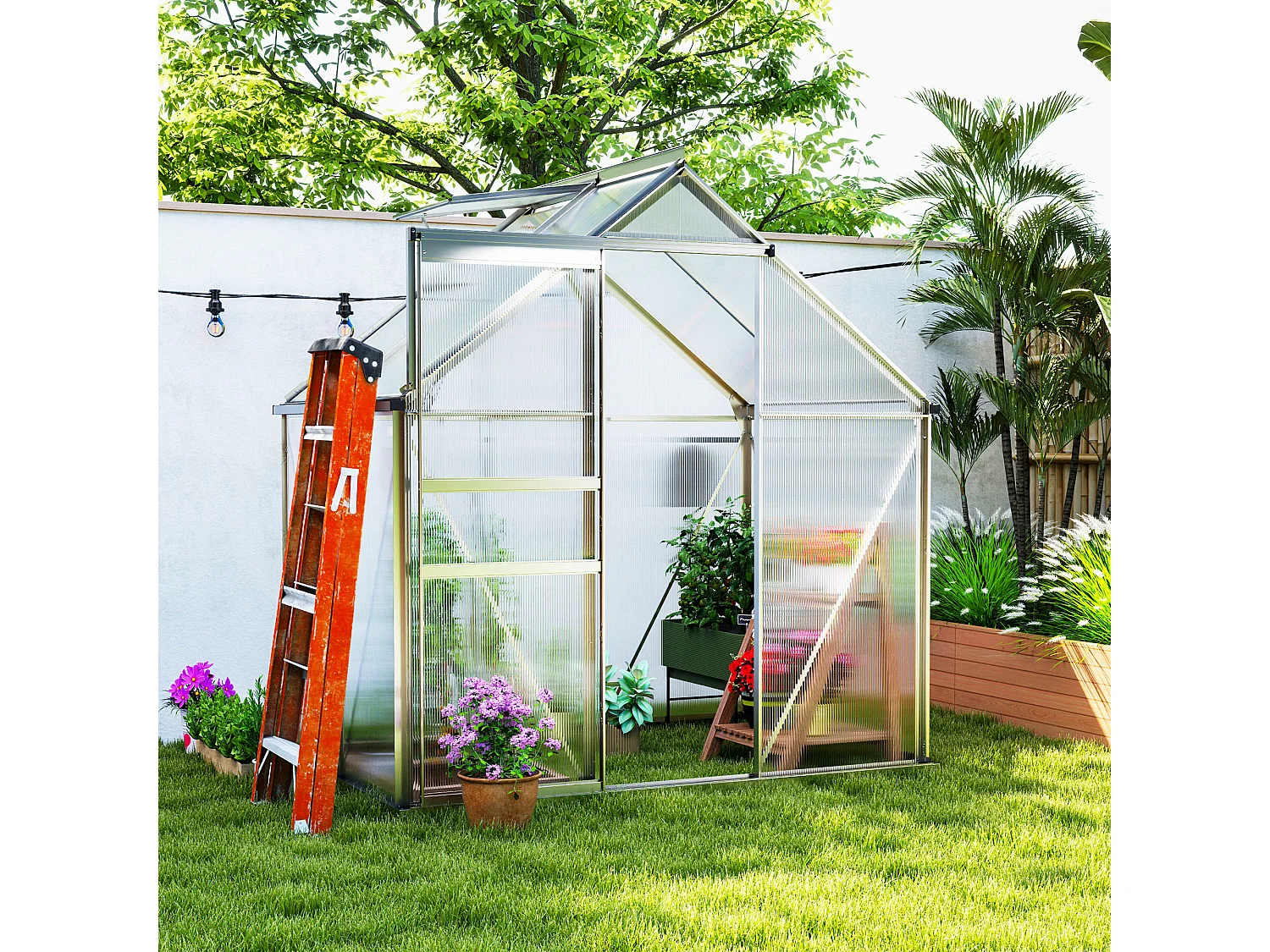 Outsunny Polycarbonate Walk-in Garden Greenhouse w/ Sliding Door Silver Tone