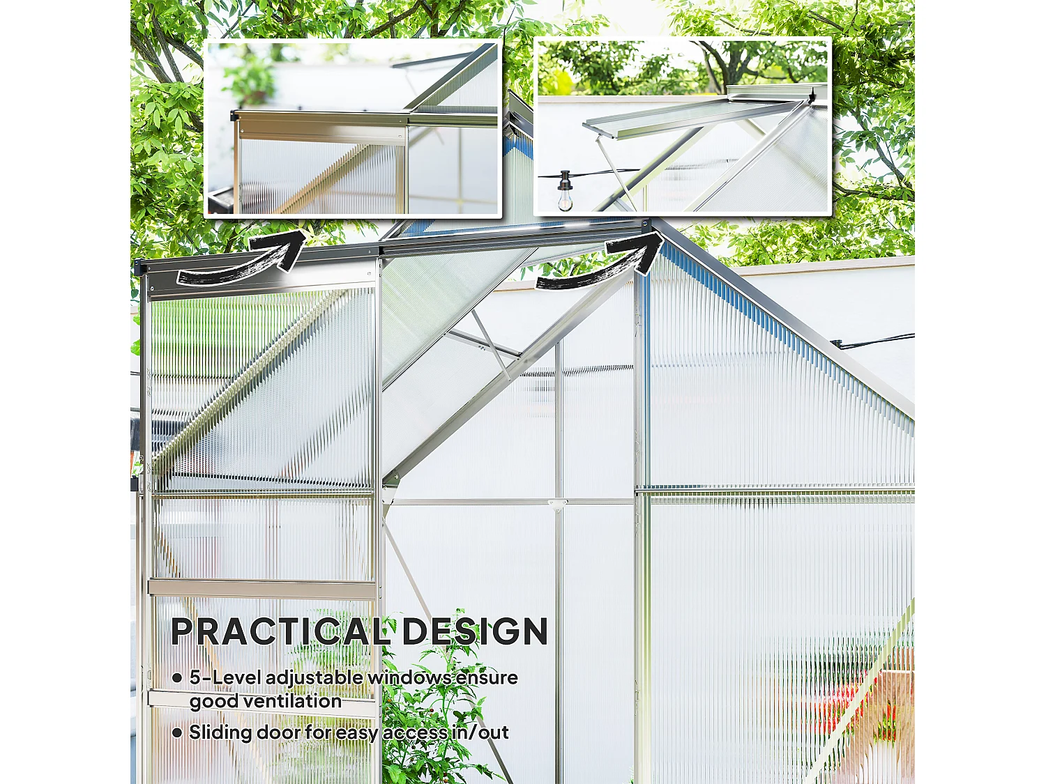 Outsunny Polycarbonate Walk-in Garden Greenhouse w/ Sliding Door Silver Tone