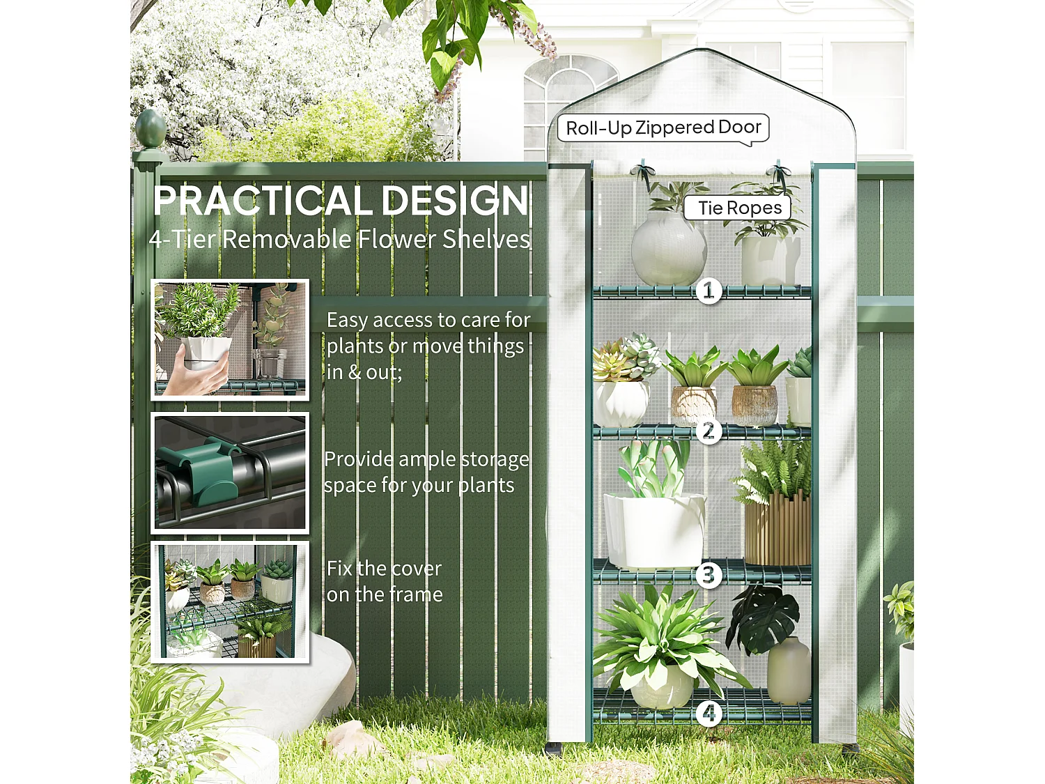 Outsunny Mini Greenhouse 4-Tier Portable Plant House Shed PE Cover, White