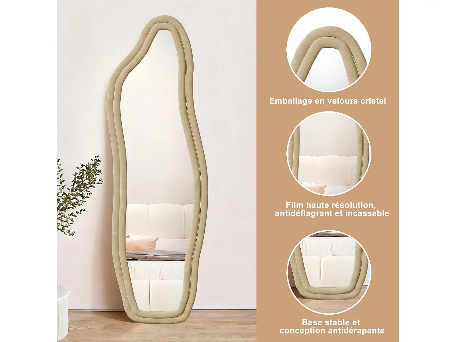 Miroir irrégulier 160×50 cm avec cadre en velours Jaune – Design moderne, verre trempé HD