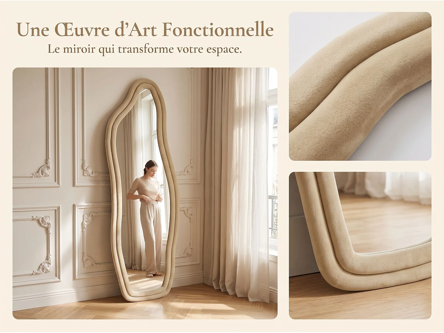 Miroir irrégulier 160×50 cm avec cadre en velours Jaune – Design moderne, verre trempé HD