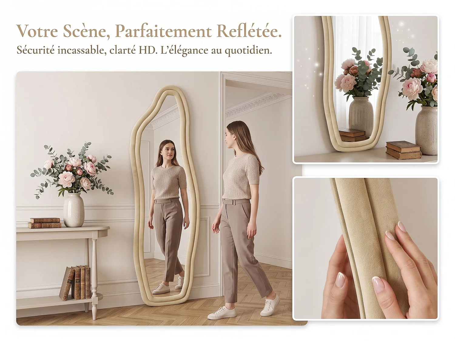 Miroir irrégulier 160×50 cm avec cadre en velours Jaune – Design moderne, verre trempé HD