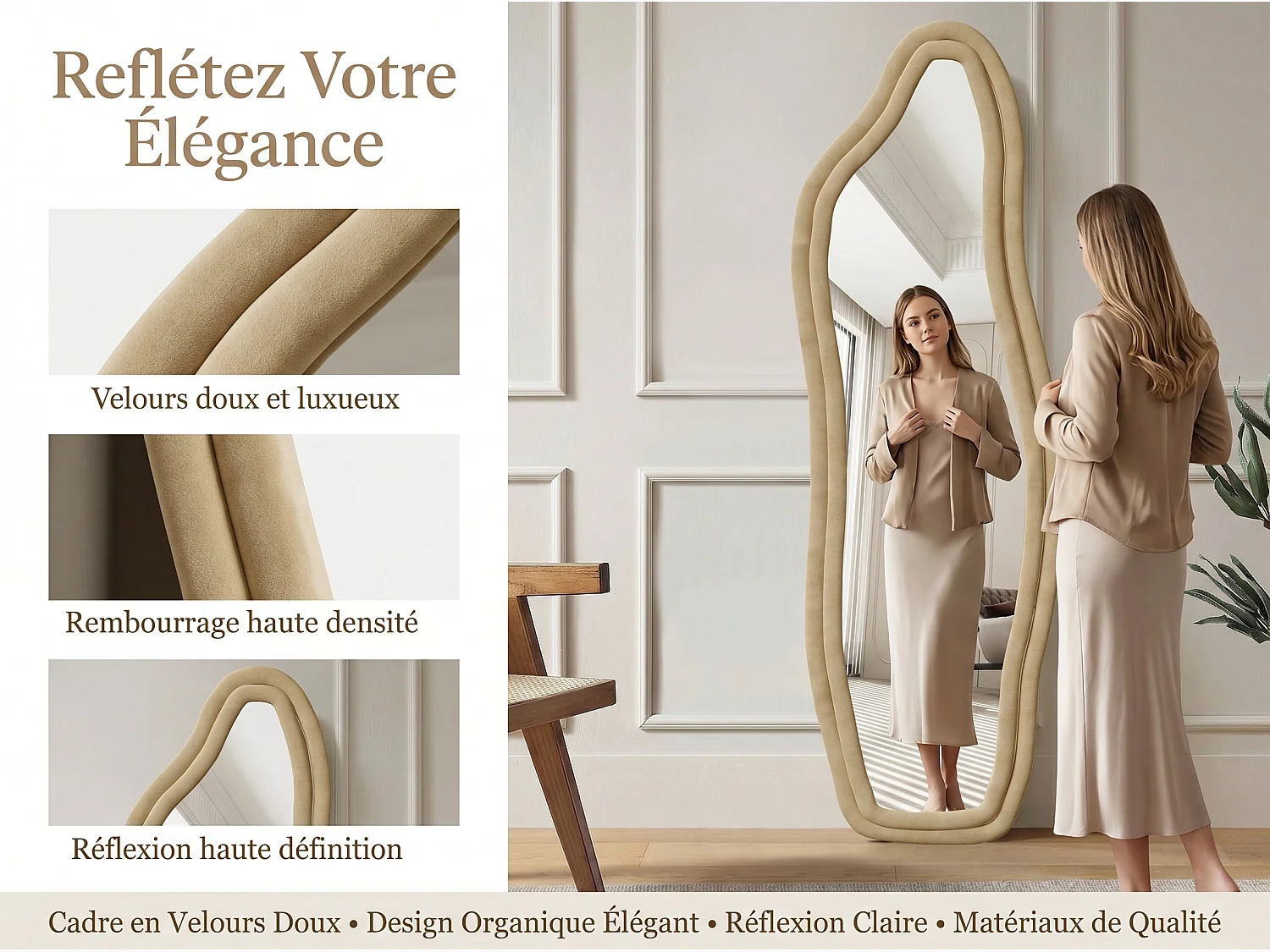 Miroir irrégulier 160×50 cm avec cadre en velours Jaune – Design moderne, verre trempé HD