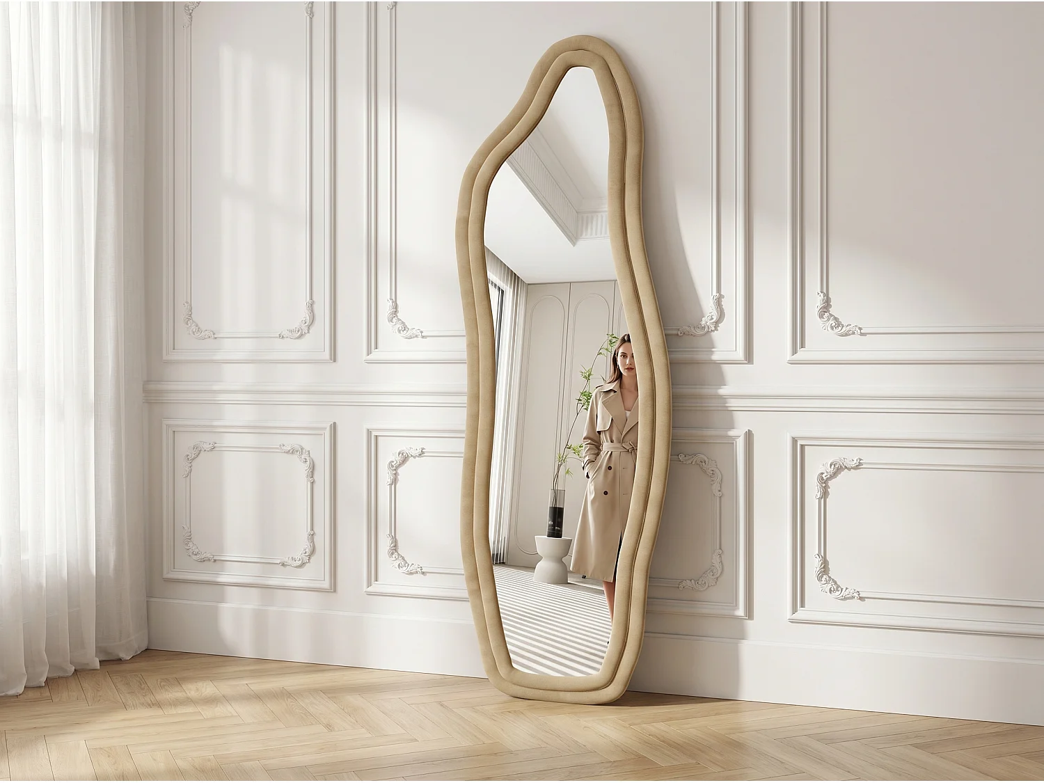 Miroir irrégulier 160×50 cm avec cadre en velours Jaune – Design moderne, verre trempé HD