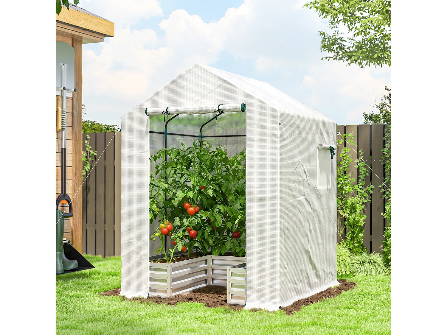 Outsunny Small Greenhouse Outdoor Greenhouse with Roll Up Door, White