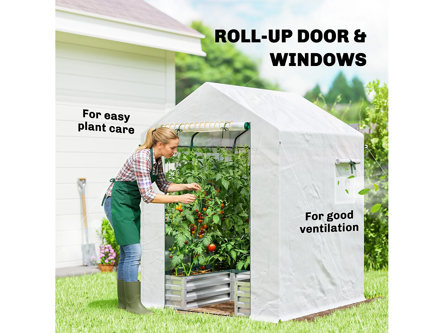Outsunny Small Greenhouse Outdoor Greenhouse with Roll Up Door, White