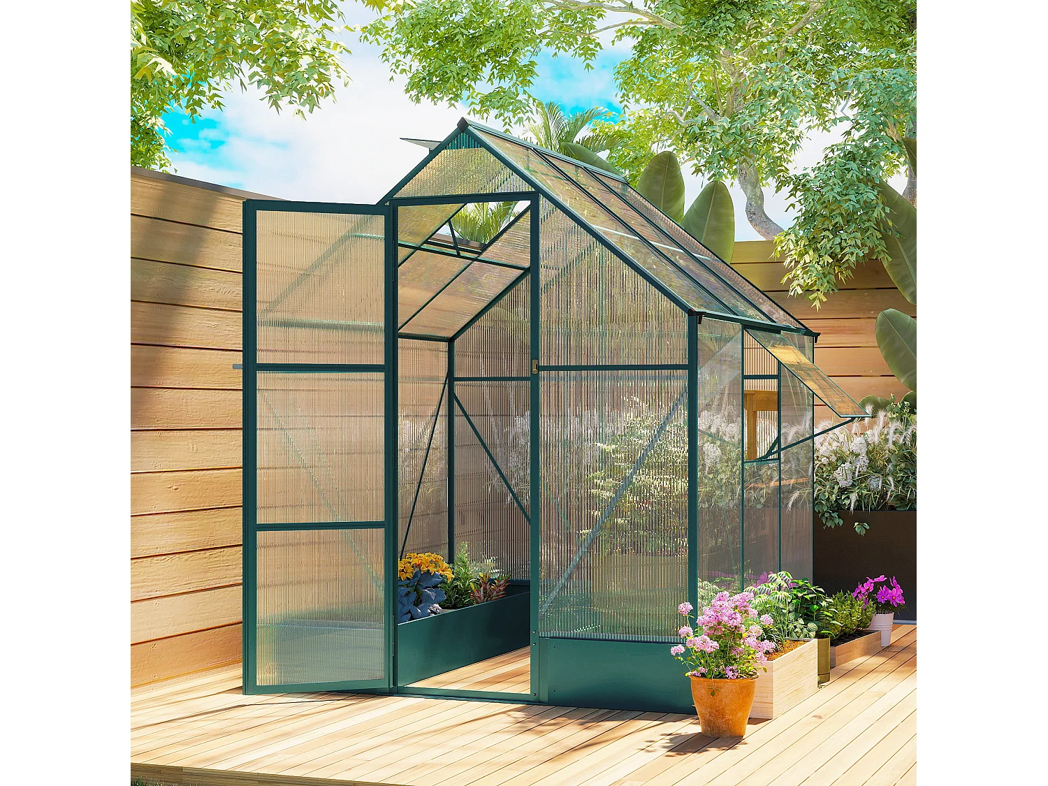 Outsunny Walk-in Greenhouse Garden Polycarbonate Aluminium w/ Smart Window 6x6ft