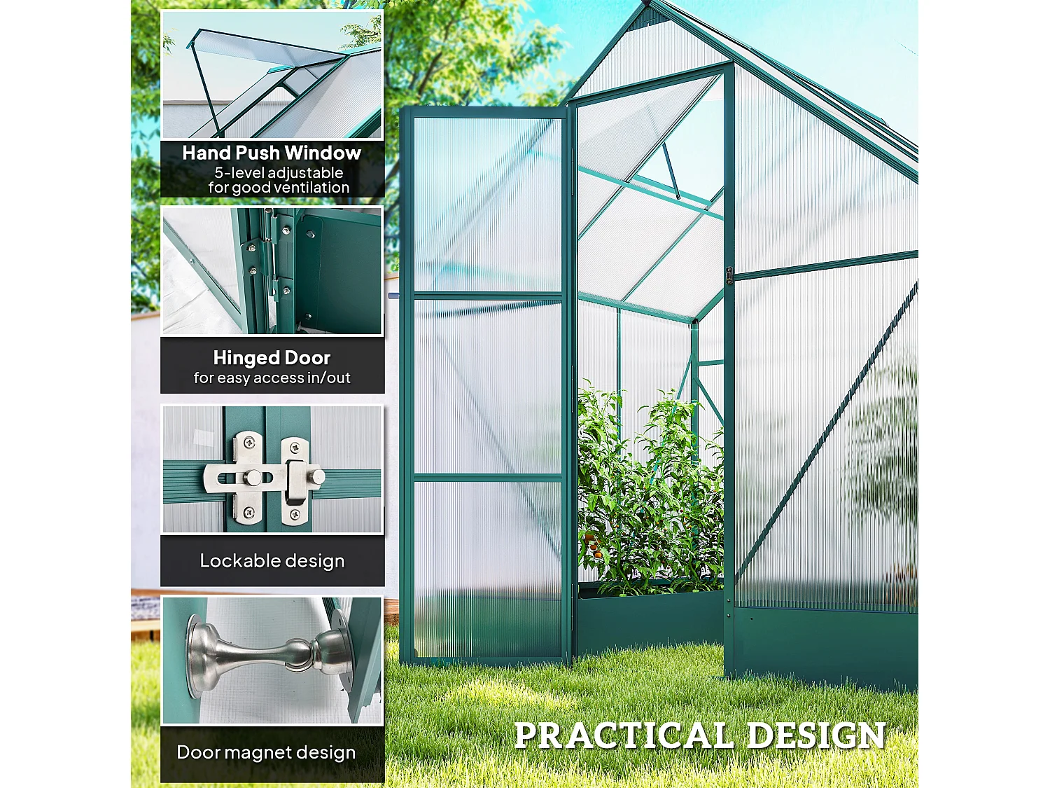 Outsunny Walk-in Greenhouse Garden Polycarbonate Aluminium w/ Smart Window 6x6ft