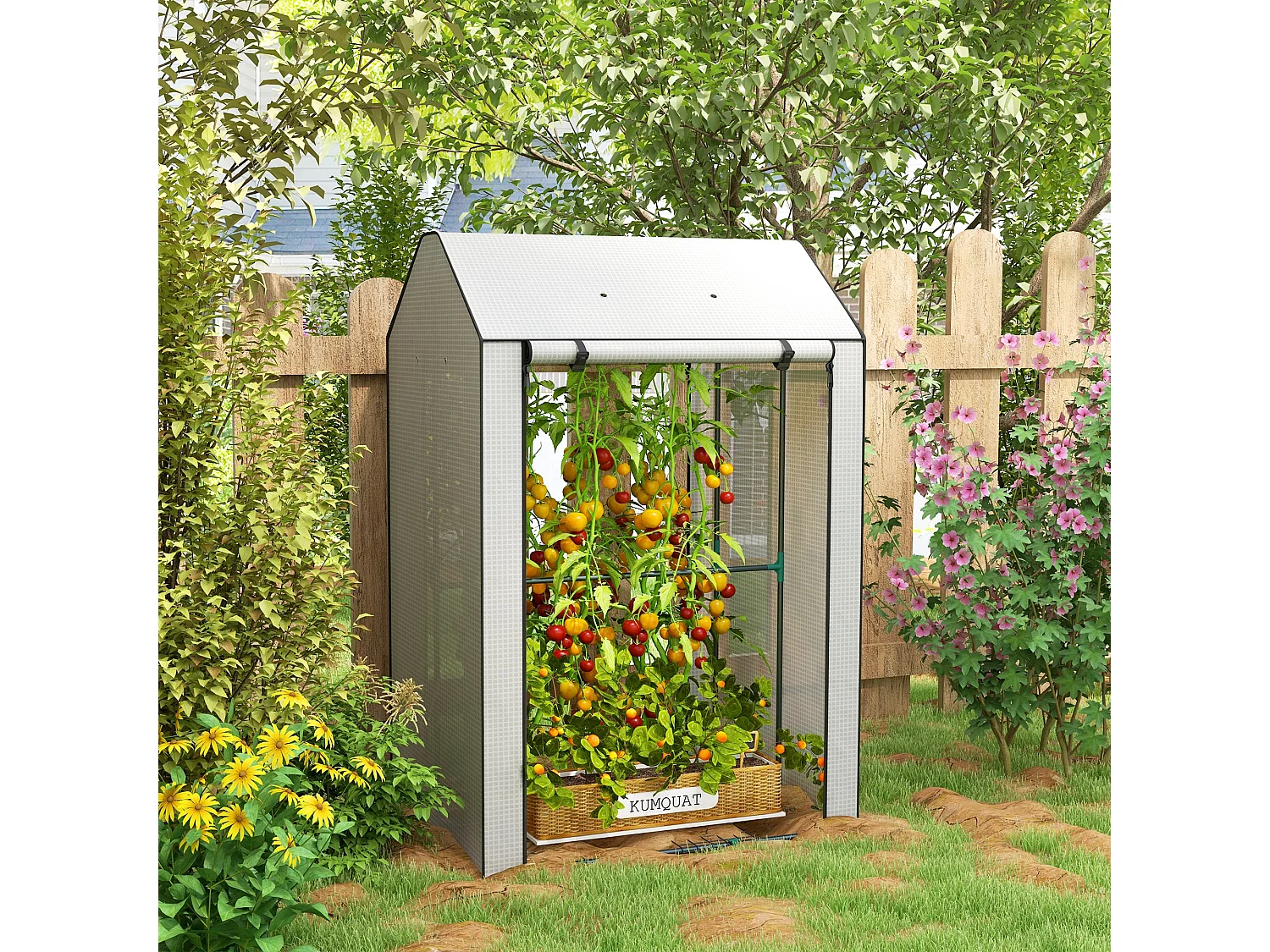 Outsunny Mini Greenhouse with Shelves and Roll Up Door, 100x80x150cm, White