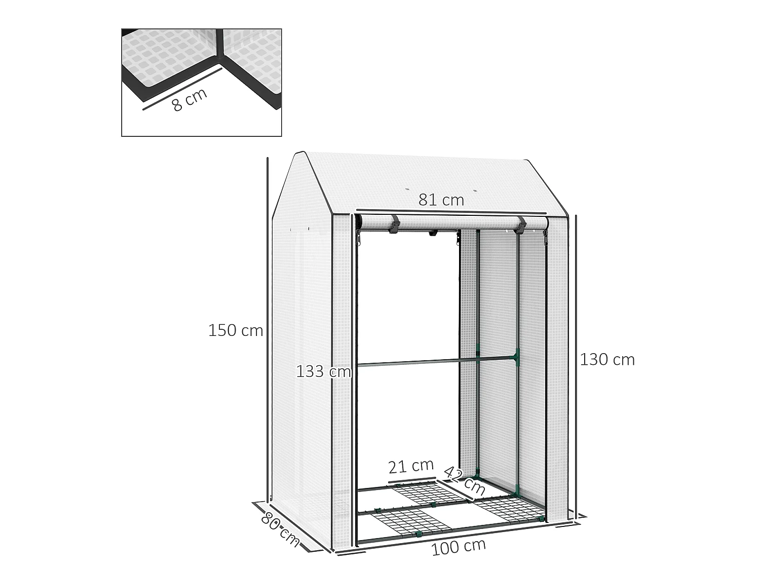 Outsunny Mini Greenhouse with Shelves and Roll Up Door, 100x80x150cm, White