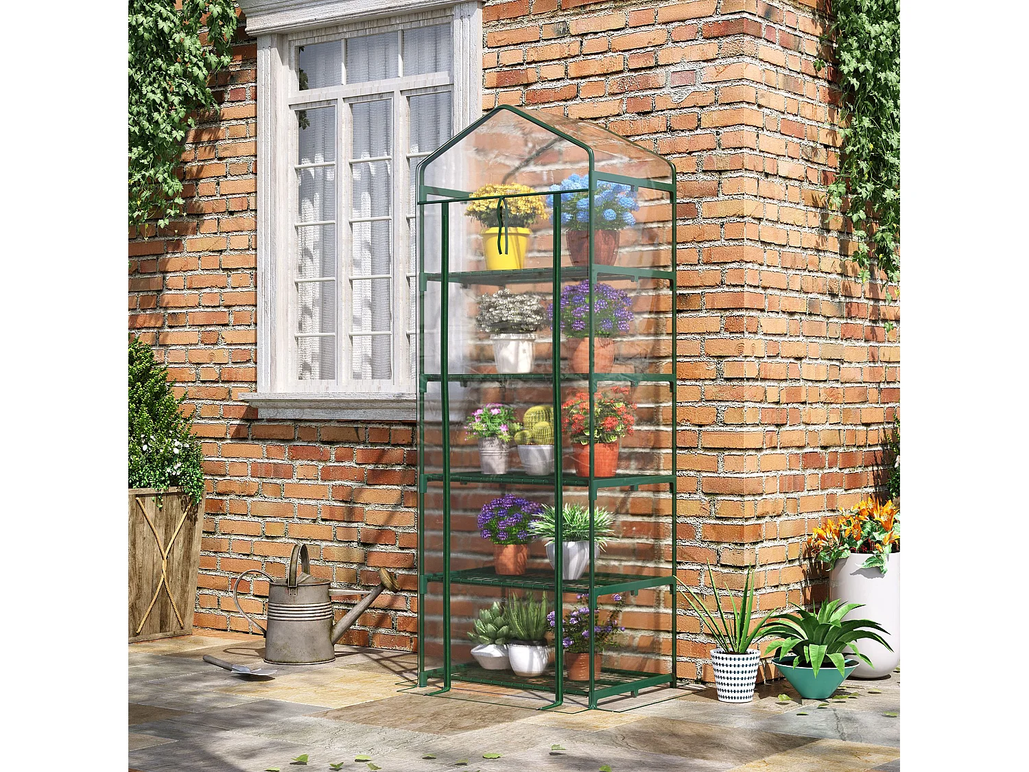 Outsunny 5 Tier Mini Greenhouse Grow House w/ Roll Up Door, Green