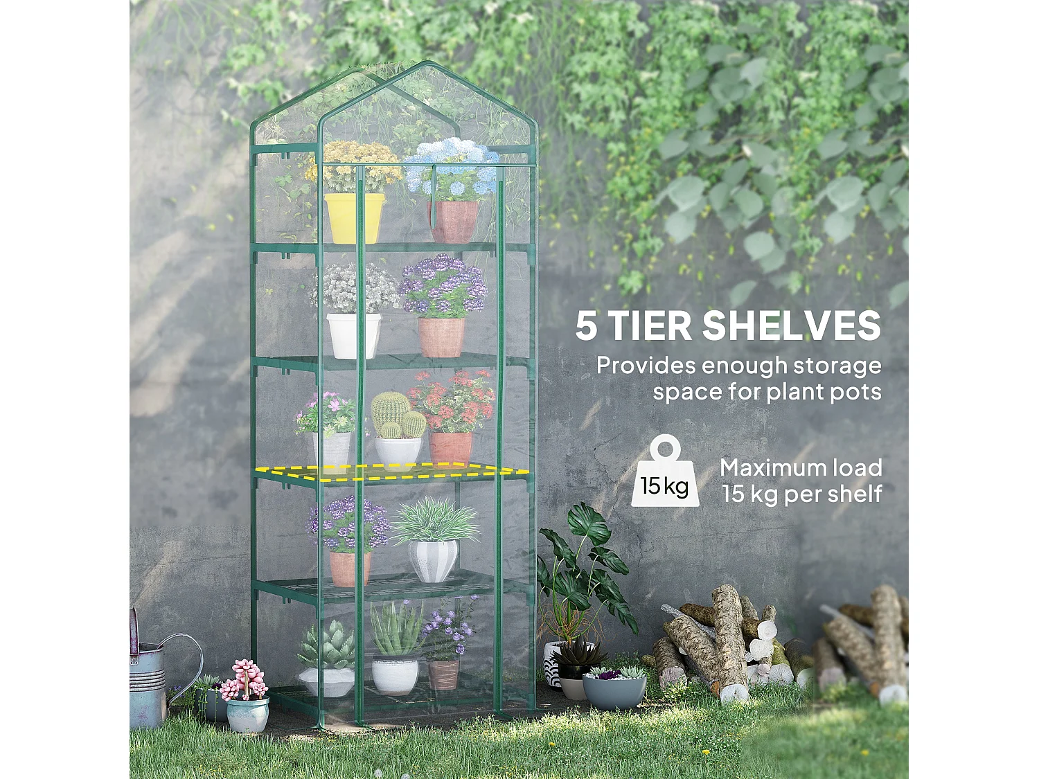 Outsunny 5 Tier Mini Greenhouse Grow House w/ Roll Up Door, Green