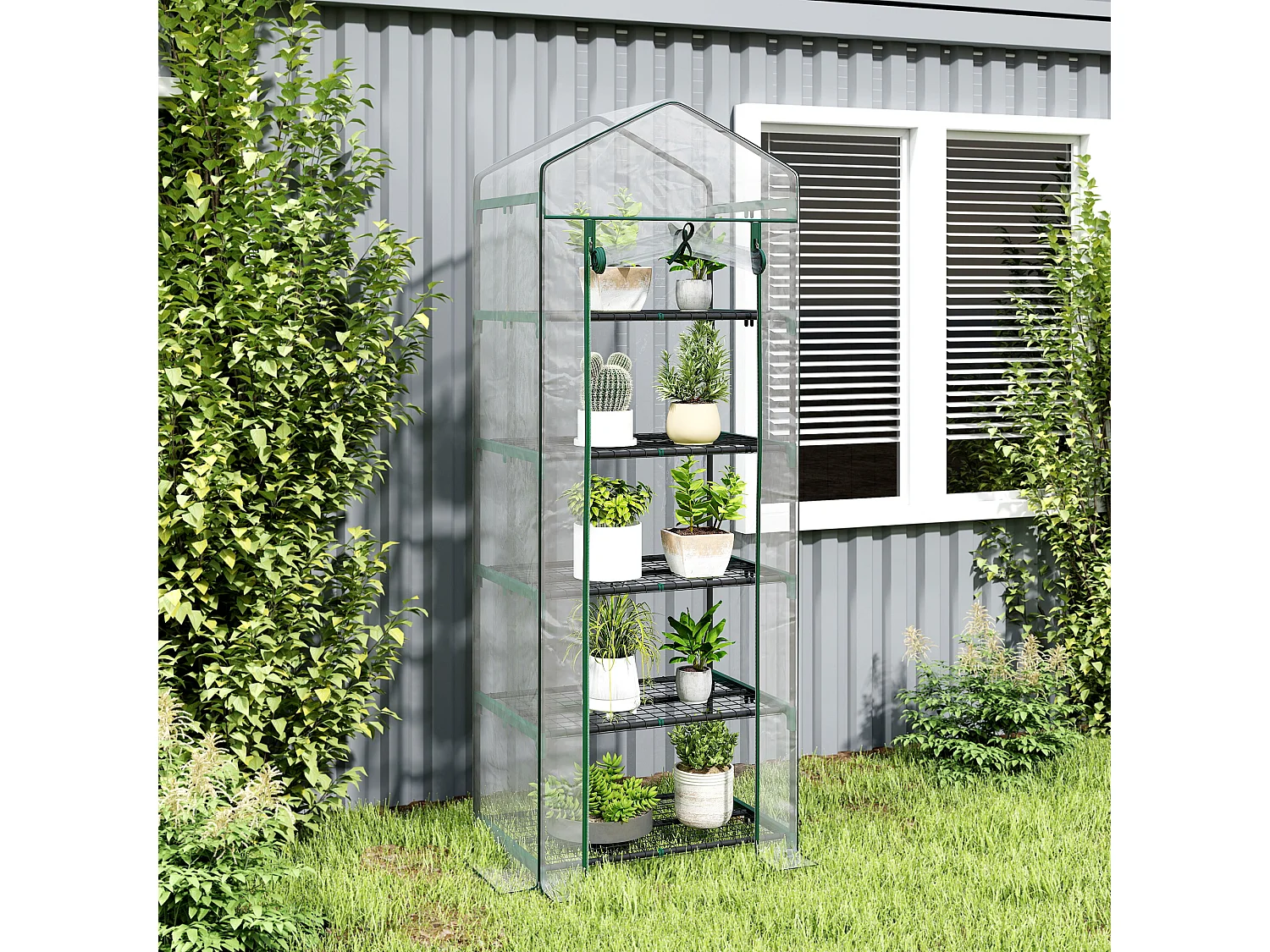 Outsunny 5 Tier Mini Greenhouse Grow House w/ Roll Up Door, Green