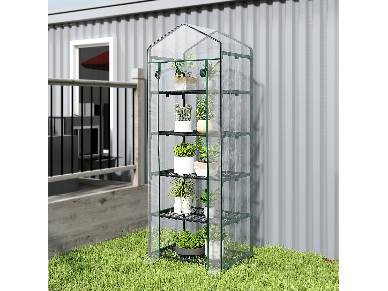 Outsunny 5 Tier Mini Greenhouse Grow House w/ Roll Up Door, Green