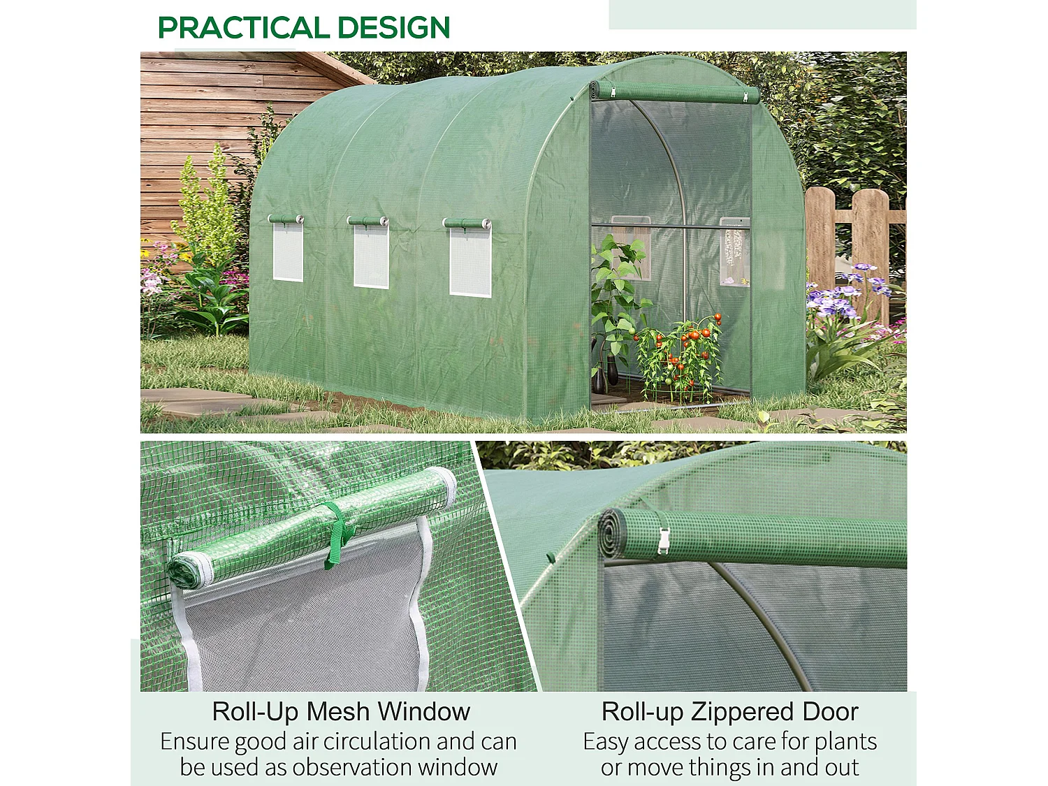 Outsunny Polytunnel Walk-in Garden Greenhouse with Zip Door and Windows 3 x 2M