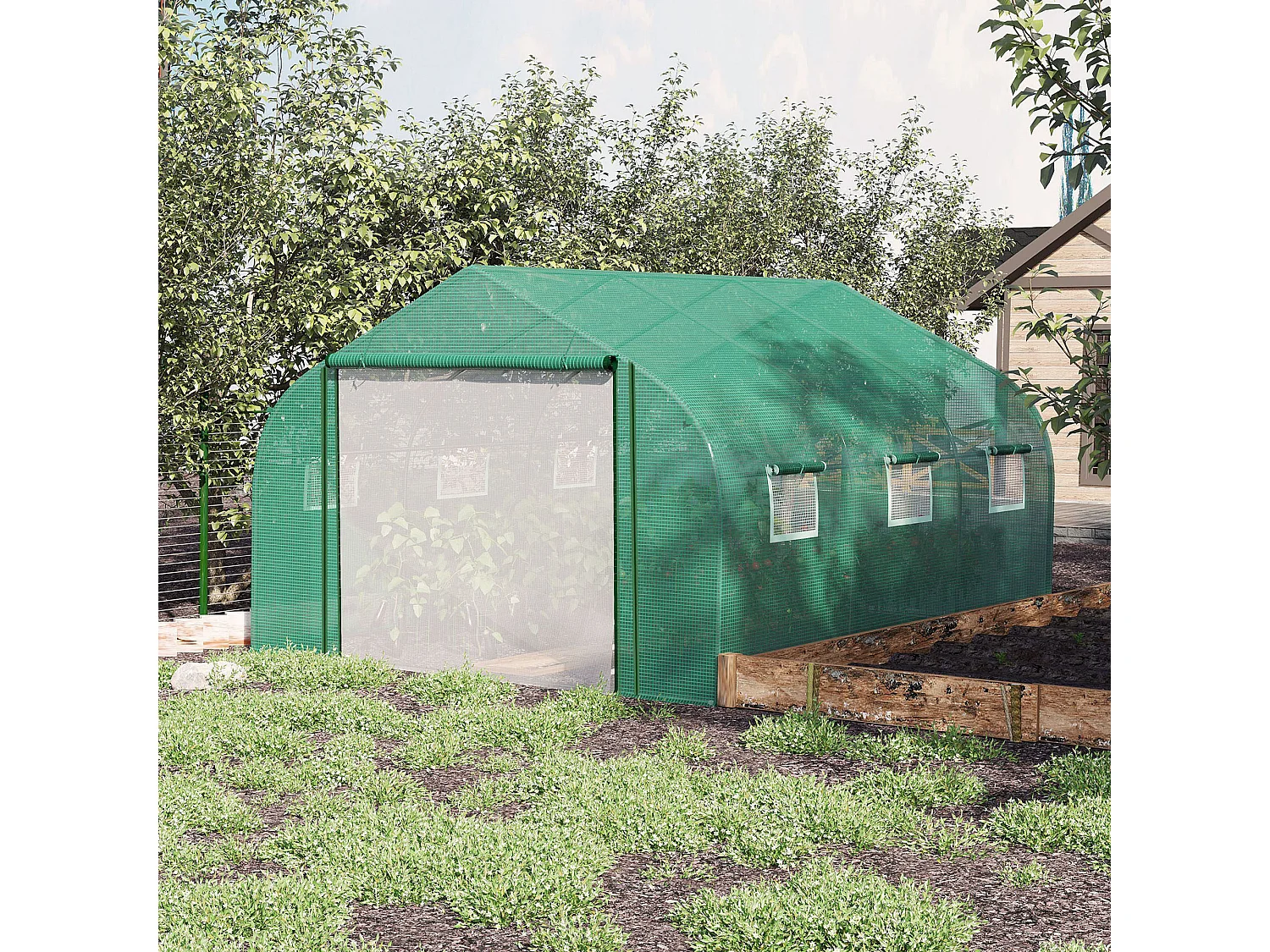 Outsunny 3.5 x 3 x 2m Outdoor Tunnel Greenhouse w/ Roll Up Door 6 Windows Green