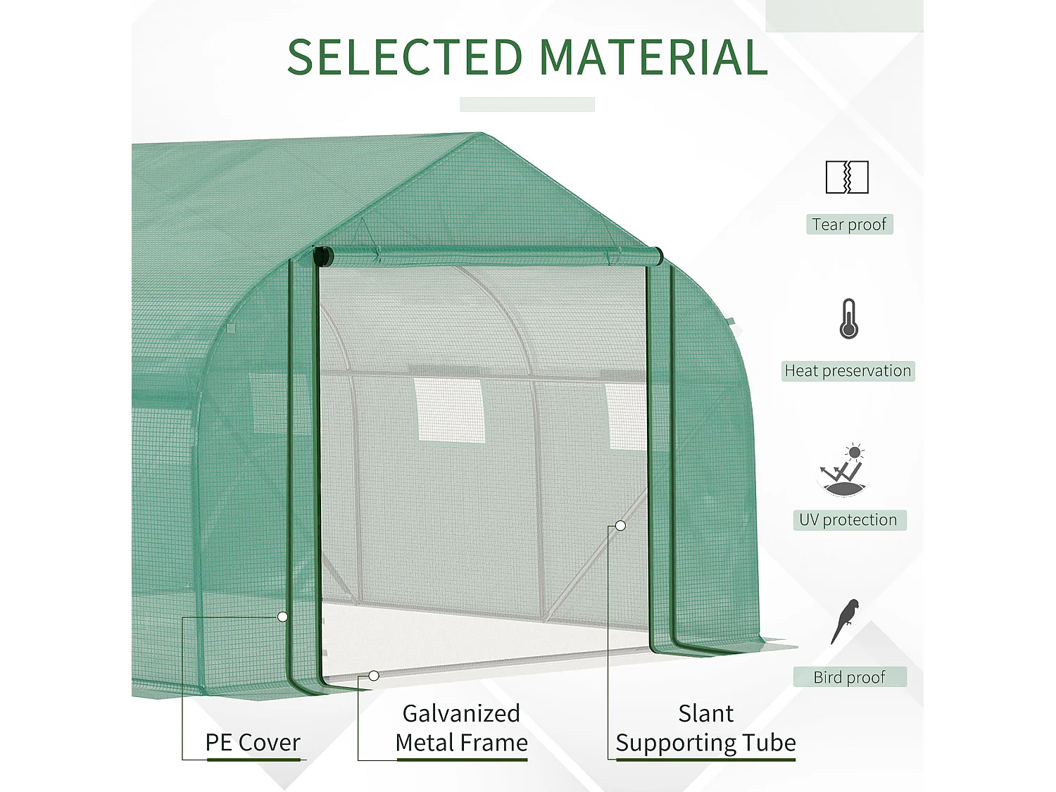 Outsunny 3.5 x 3 x 2m Outdoor Tunnel Greenhouse w/ Roll Up Door 6 Windows Green
