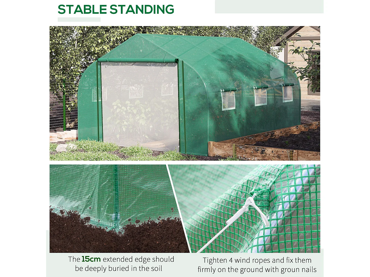 Outsunny 3.5 x 3 x 2m Outdoor Tunnel Greenhouse w/ Roll Up Door 6 Windows Green