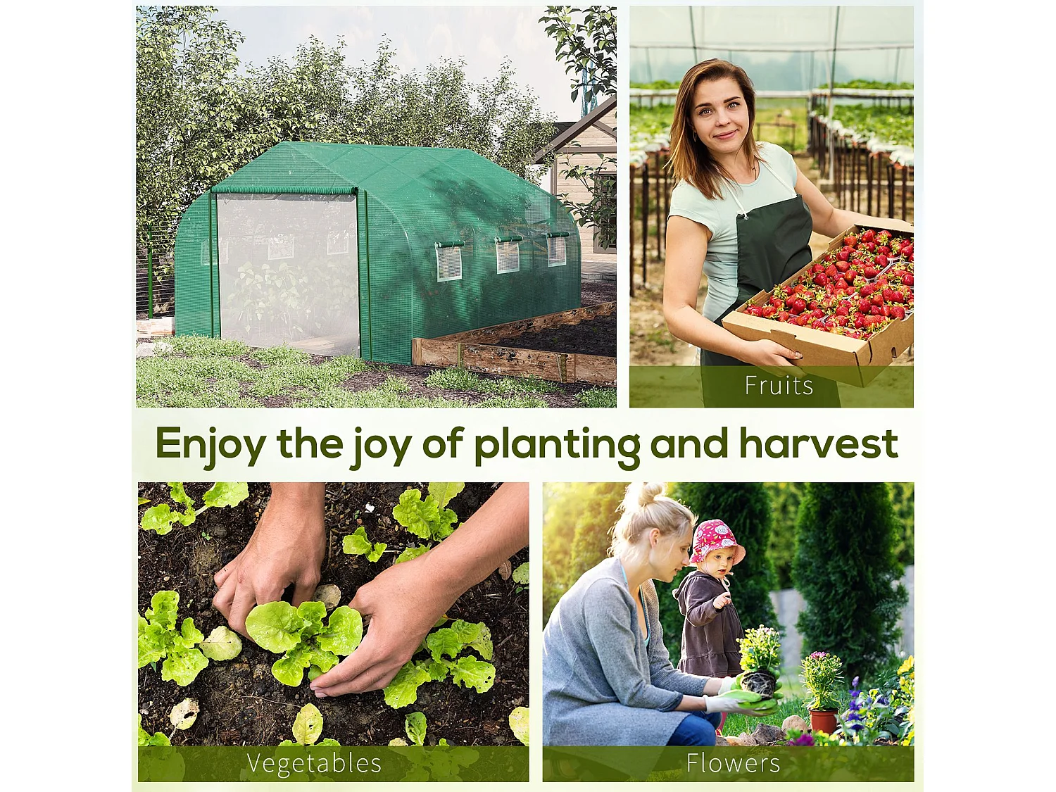 Outsunny 3.5 x 3 x 2m Outdoor Tunnel Greenhouse w/ Roll Up Door 6 Windows Green
