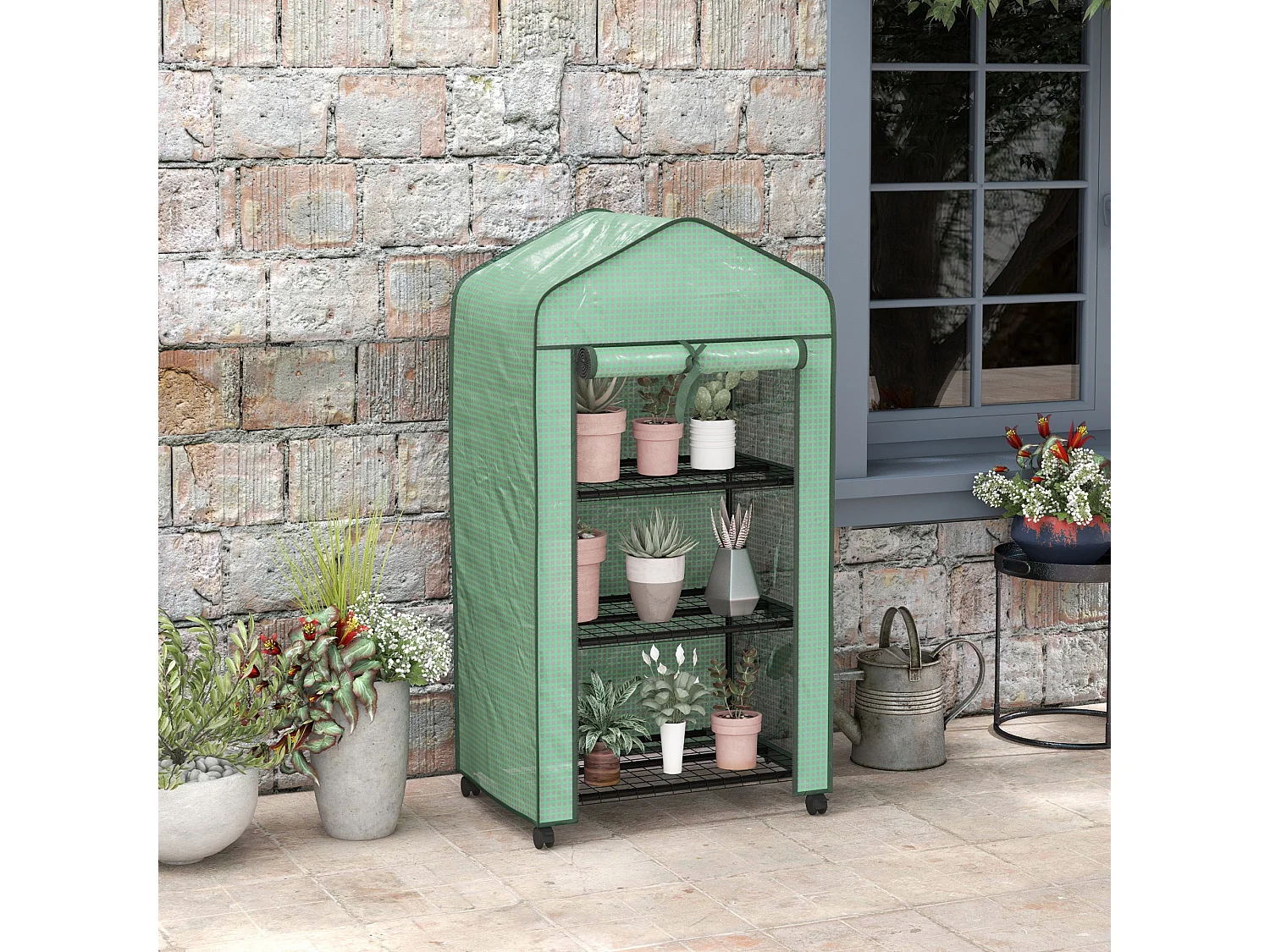 Outsunny Portable Mini Greenhouse with Roll-up Door and Wheels, Green