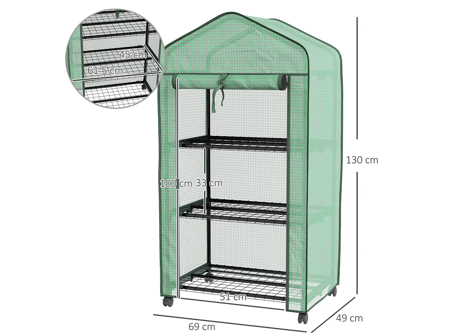 Outsunny Portable Mini Greenhouse with Roll-up Door and Wheels, Green
