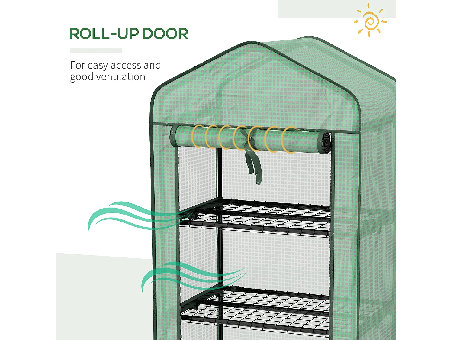 Outsunny Portable Mini Greenhouse with Roll-up Door and Wheels, Green