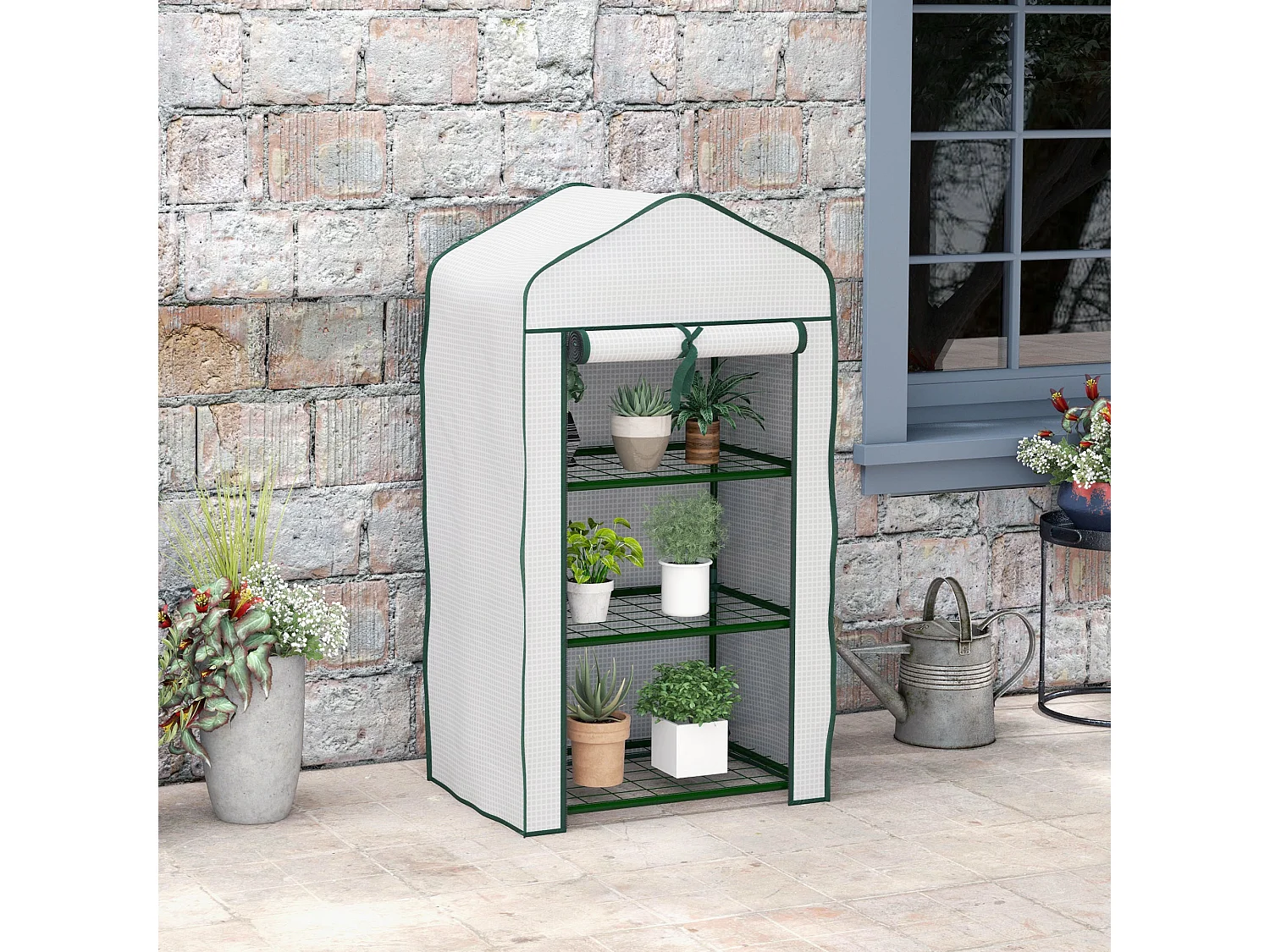 Outsunny Portable Mini Greenhouse with Roll-up Door and Wire Shelves, White