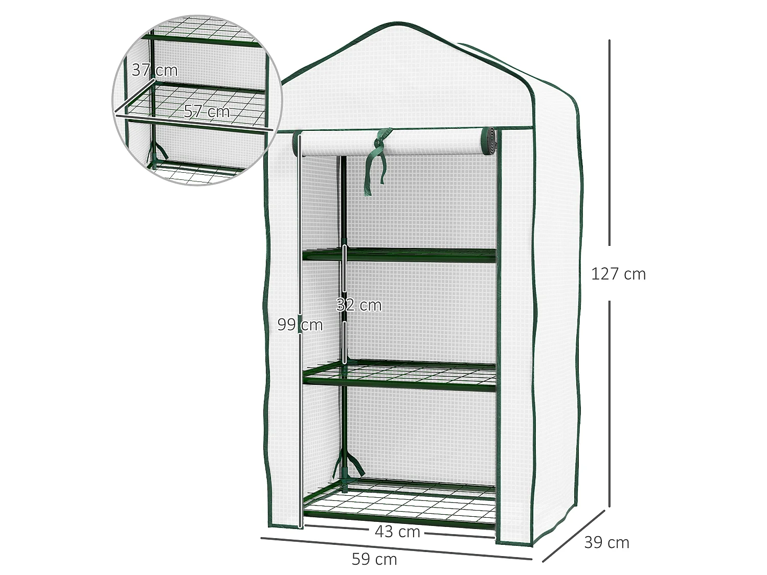 Outsunny Portable Mini Greenhouse with Roll-up Door and Wire Shelves, White