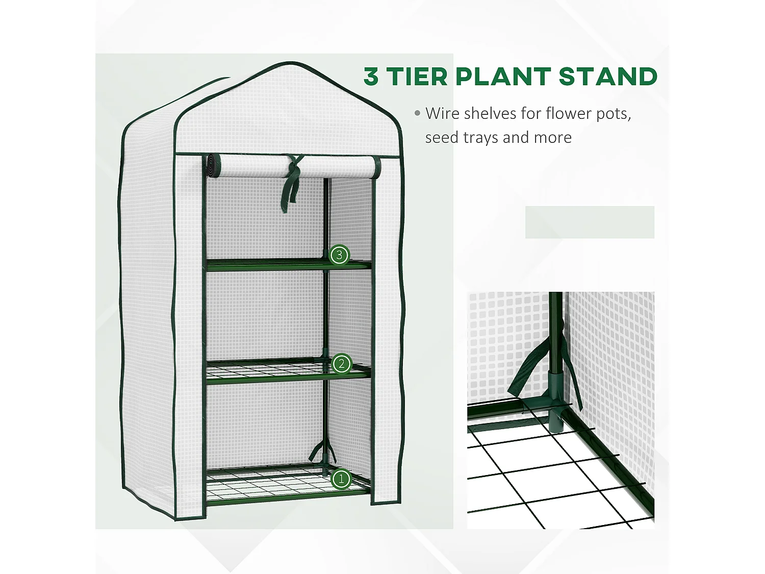 Outsunny Portable Mini Greenhouse with Roll-up Door and Wire Shelves, White
