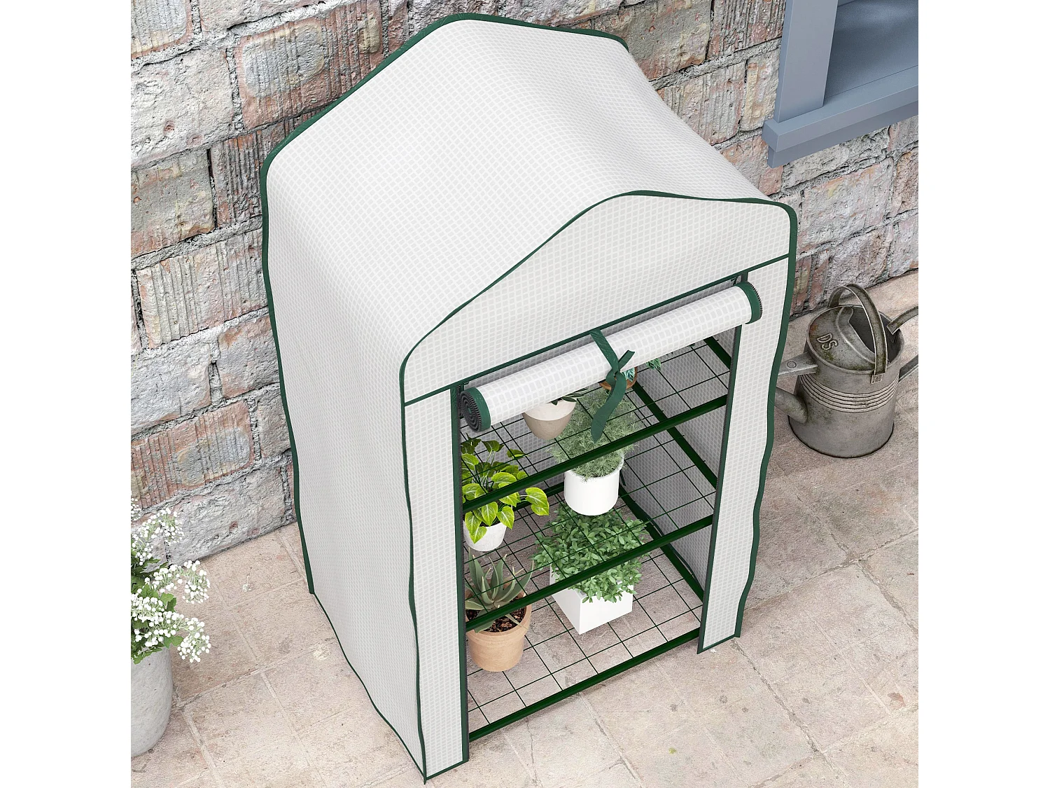 Outsunny Portable Mini Greenhouse with Roll-up Door and Wire Shelves, White